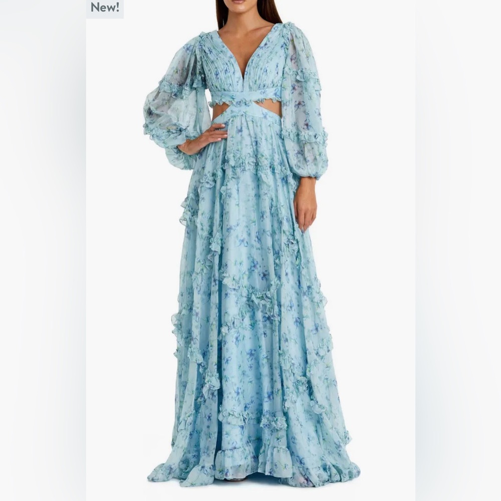 NWT Mac Duggal Floral Chiffon Ruffle Gown with Plunging Neckline & Cutout Back